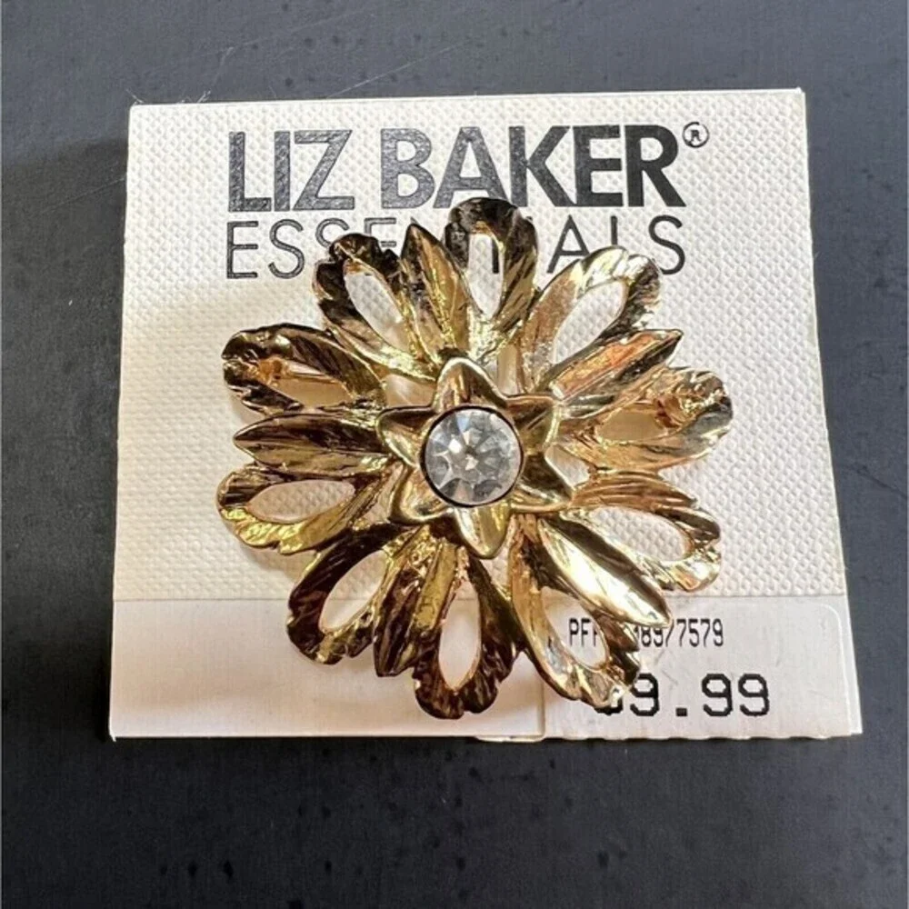 Golden Liz Baker Essentials Flower Brooch w/ Rhinestone Elegant Vintage Jewelry‎
